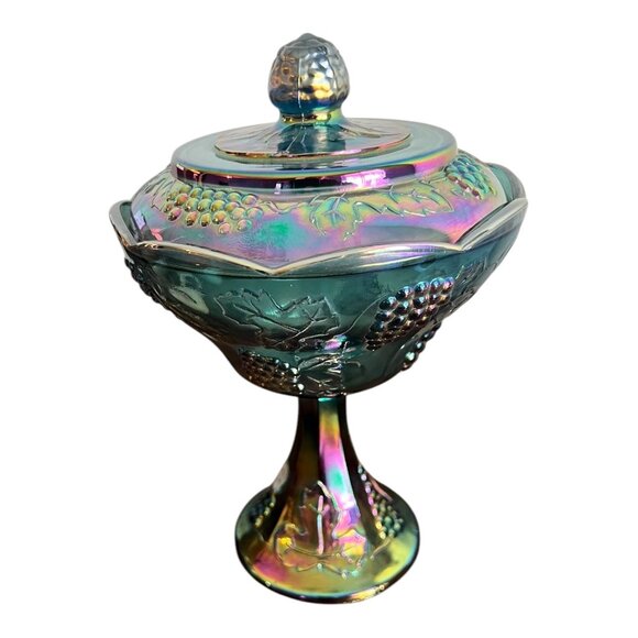 Indiana Glass Co Other - Vtg Indiana Glass Blue Iridescent Carnival Glass Pedestal Compote Candy Dish